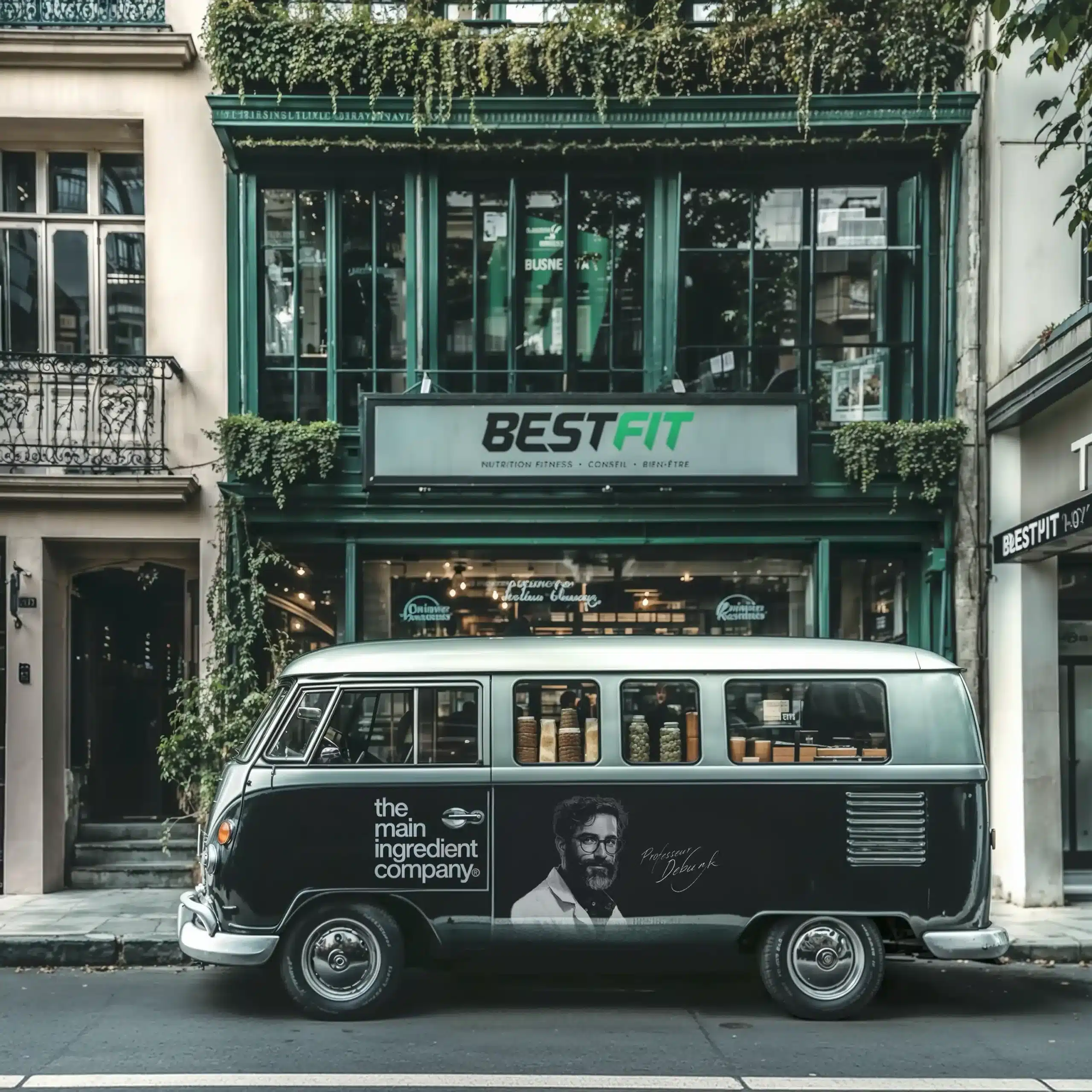 Van de the main ingredient company stationné devant le magasin Best Fit à Bordeaux, illustrant une collaboration autour de compléments alimentaires et de nutrition sportive.