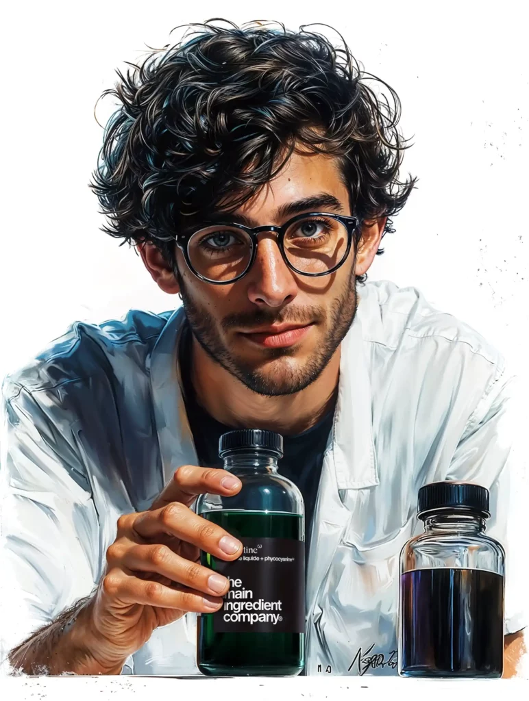 Scientifique présentant de la spiruline liquide riche en phycocyanine de The Main Ingredient Company