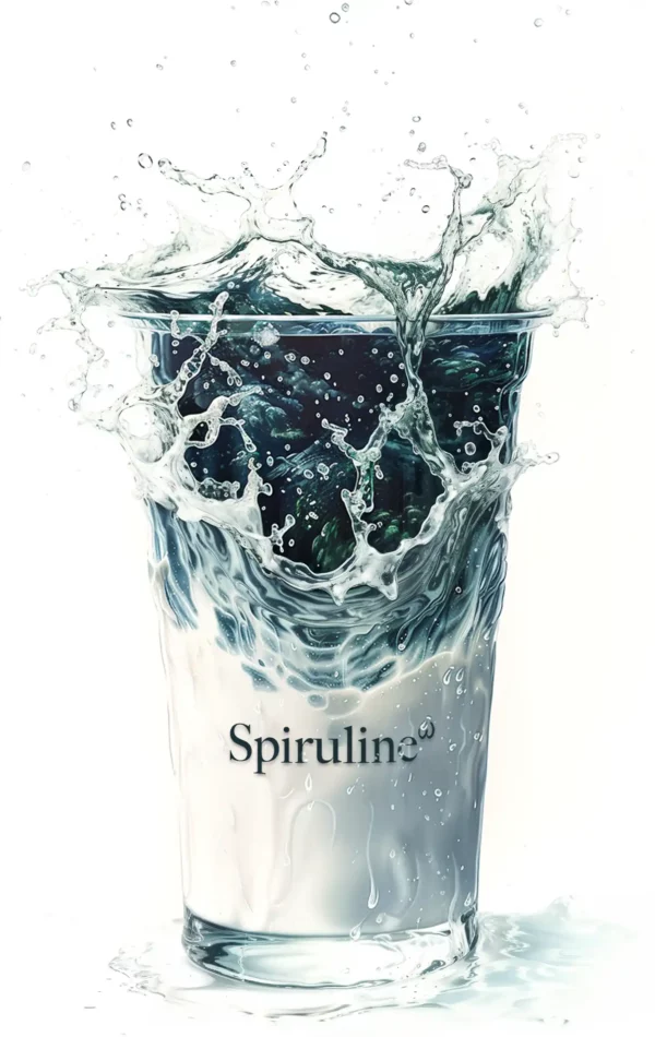 Verre de Spiruline ω liquide puissant flot d'énergie vitale, révélant sa texture fluide et sa couleur bleu-vert vibrante