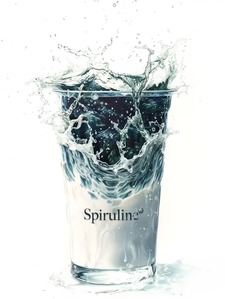 Verre de Spiruline ω liquide puissant flot d'énergie vitale, révélant sa texture fluide et sa couleur bleu-vert vibrante