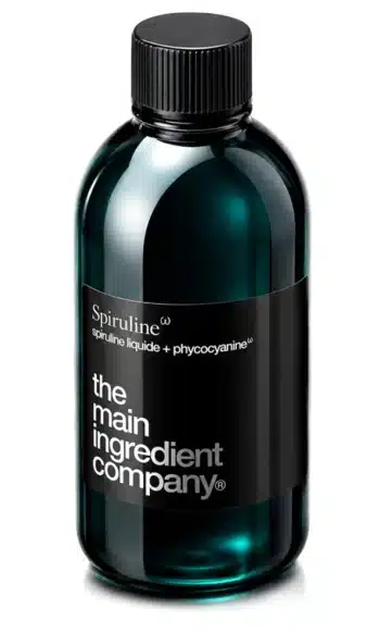 Flacon Spiruline Oméga, complément alimentaire liquide vegan enrichi en phycocyanine libre, fabriqué en France par the main ingredient company