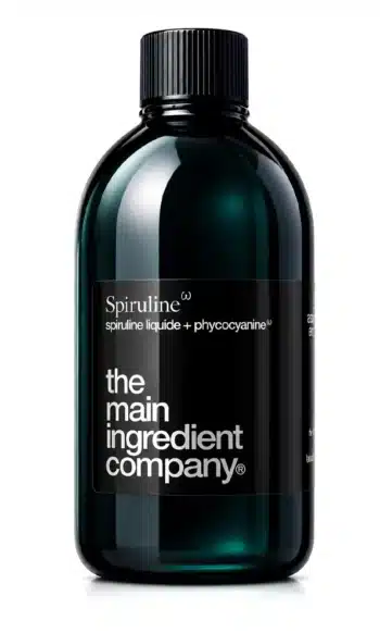 Flacon Spiruline Oméga, complément alimentaire liquide vegan et sans gluten enrichi en phycocyanine libre par the main ingredient company