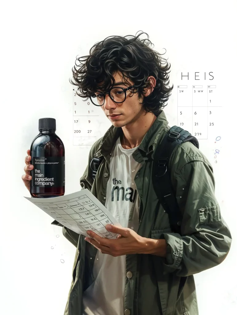 Jeune homme tenant une bouteille de Spiruline ω de the main ingredient company, symbolisant l'importance d'une cure de spiruline régulière pour un soutien nutritionnel à long terme.