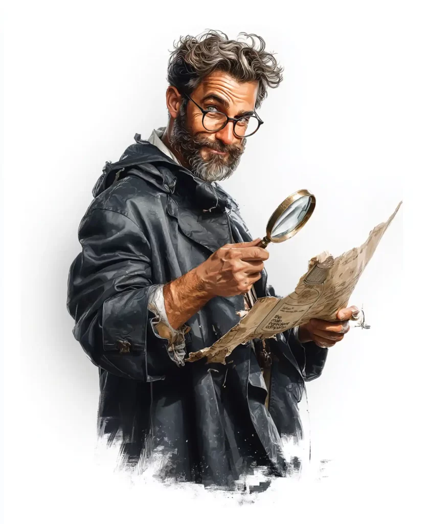 Professeur Debunk investiguant à la loupe un parchemin ancien, symbole de l'analyse scientifique et critique de l'histoire traditionnelle du safran par The Main.