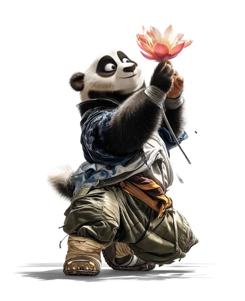 Illustration symbolique d'un panda présentant la fleur de Crocus sativus, métaphore du respect et de la préciosité de l'ingrédient botanique originel du safran.