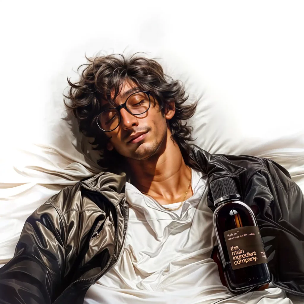 Jeune homme détendu dormant paisiblement avec un flacon de Safran ω de the main ingredient company, illustrant les bienfaits du safran sur le sommeil