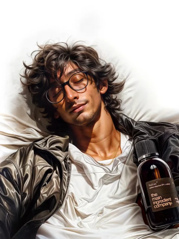 Jeune homme détendu dormant paisiblement avec un flacon de Safran ω de the main ingredient company, illustrant les bienfaits du safran sur le sommeil