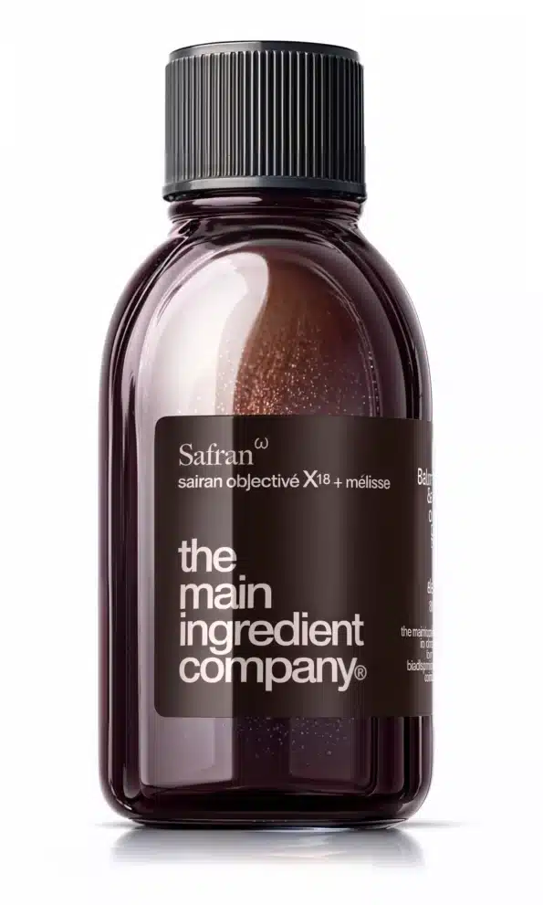 Flacon de Safran Omega par the main ingredient company. Complément alimentaire à base de safran objectivé X18 et mélisse, conçu pour l’équilibre émotionnel, la réduction du stress et le bien-être global.