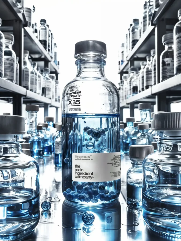 Bouteille de complément alimentaire X35 de TMIC contenant un liquide bleu avec des bulles, entourée d'autres flacons dans un laboratoire