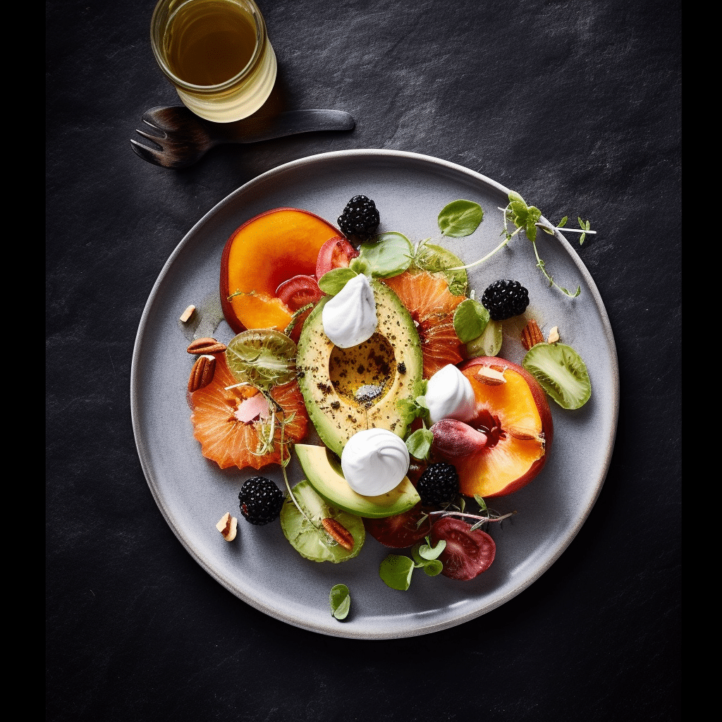 Assiette de fruits colorée avec avocat et vinaigrette, présentée dans un style artistique