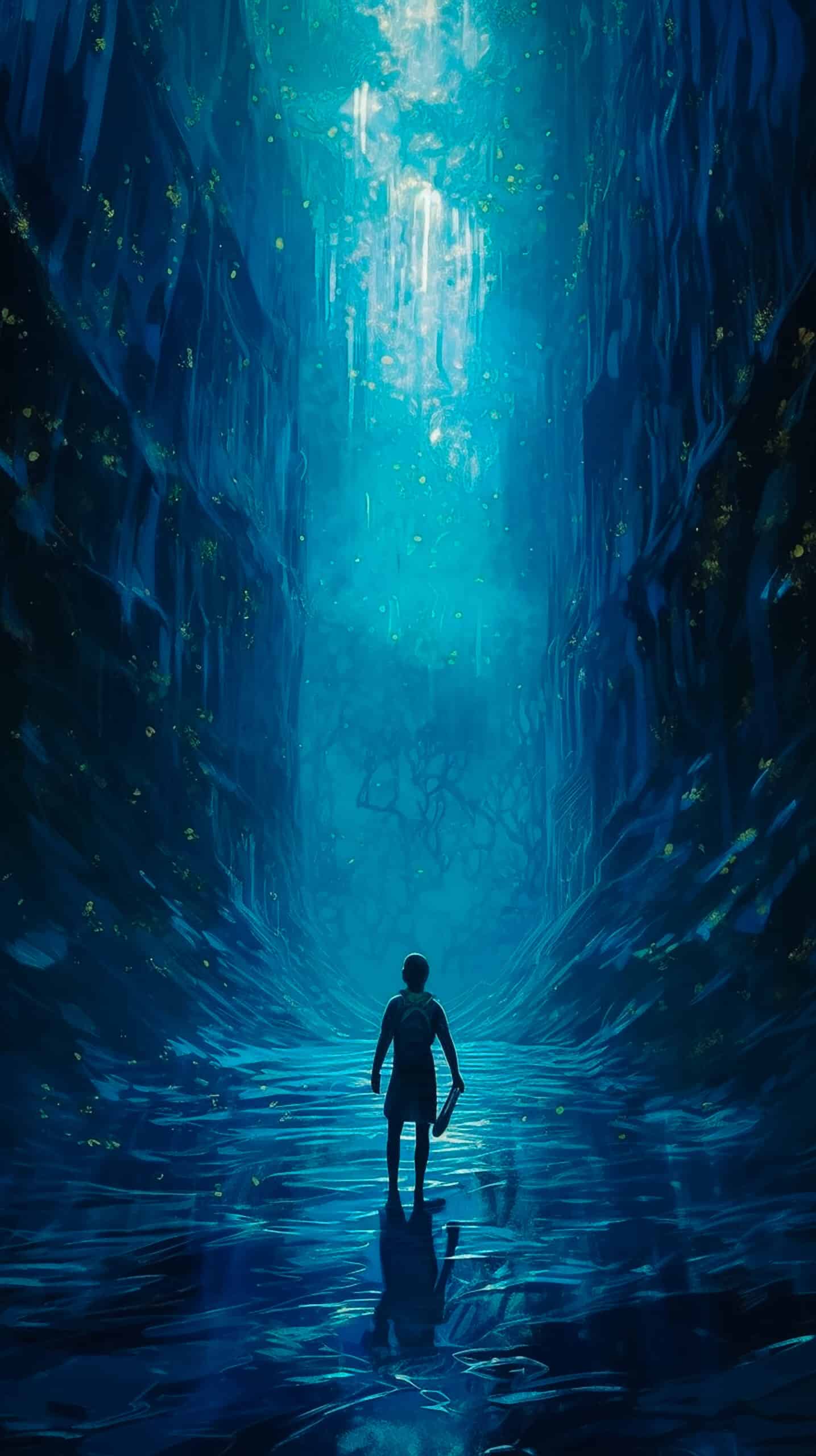 Trailer de haut niveau seul dans un canyon avec une silhouette se dépeignant dans un environnement immense sous-marin aux couleurs de la phycocyanine