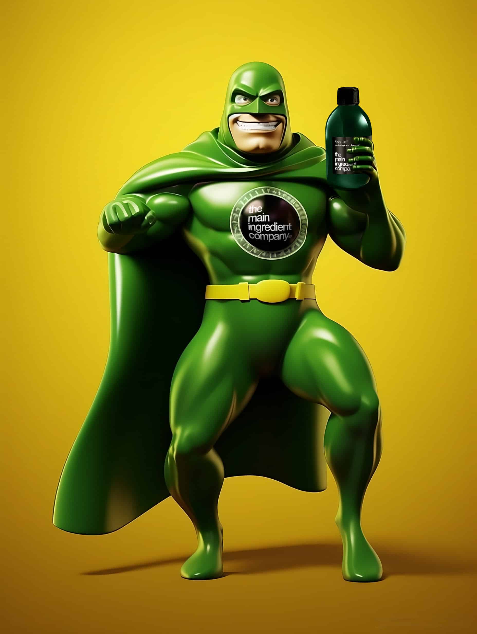 Bouteille de Spiruline liquide en super-héros avec logo OMEGA