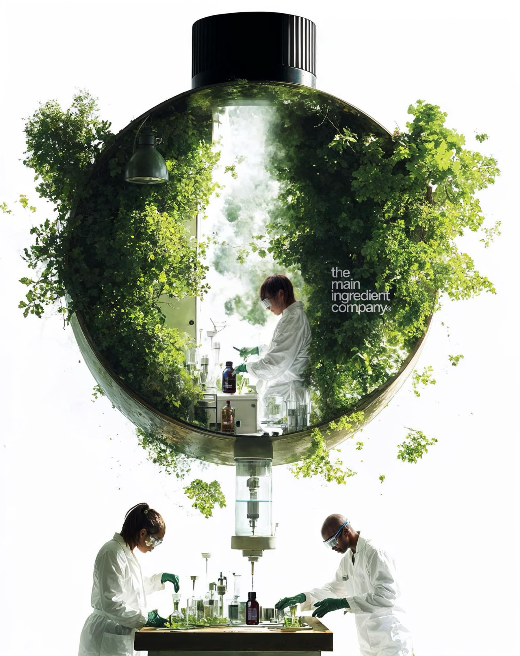 Image conceptuelle illustrant les bienfaits de la spiruline montrant un laboratoire et des scientifiques travaillant sur l'extraction de la spiruline et de la phycocyanine, mettant en avant l'approche de qualité de the main ingredient company