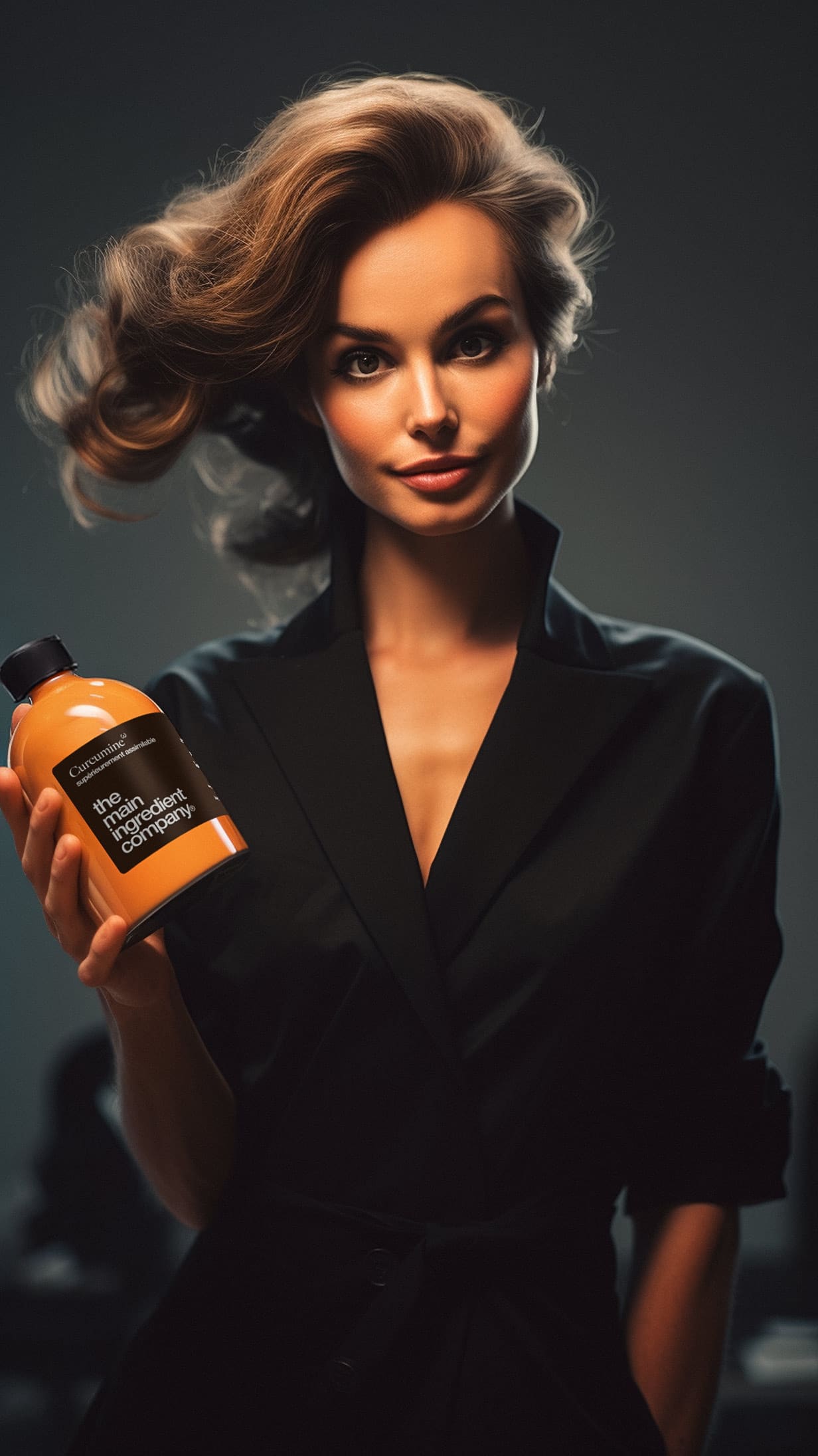 Jeune femme élégante en robe noire tenant une bouteille de surpuissante curcumine ω de The Main Ingredient Company.