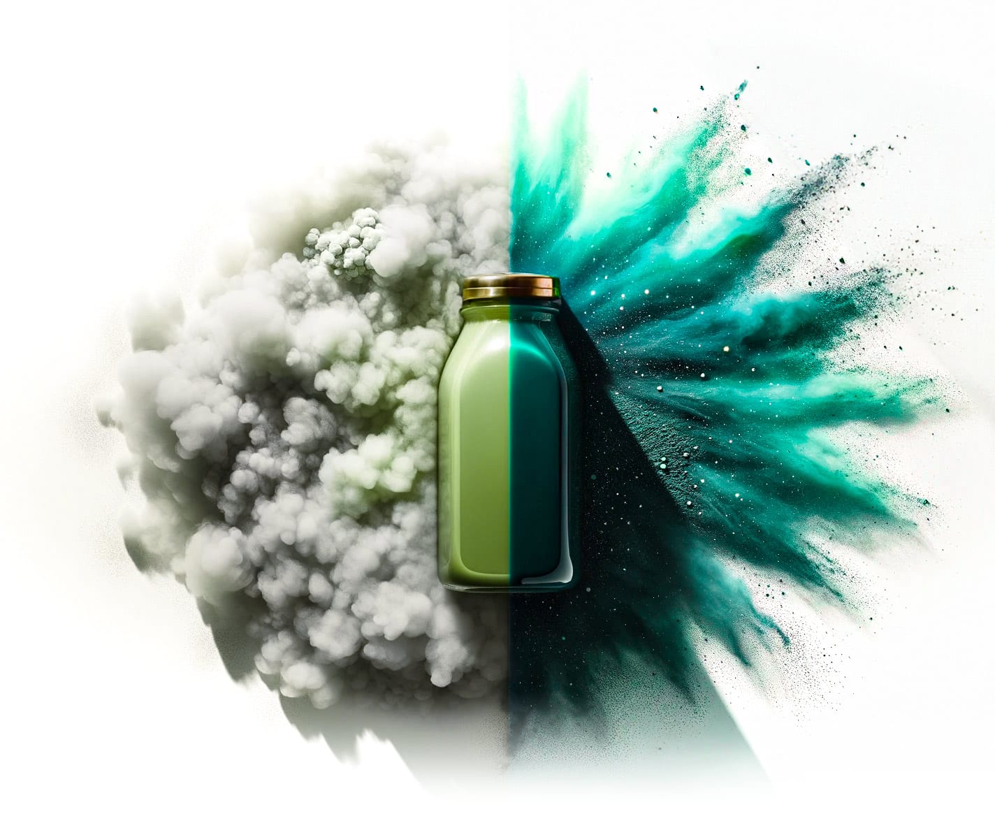 Photo représentative du produit liquide de spiruline de "the main ingredient company". Une moitié de l'image est mystérieuse avec des couleurs ternes, tandis que l'autre moitié est vive, évoquant la mer avec des teintes de vert et d'aquamarine, symbolisant la dualité des effets de la spiruline.