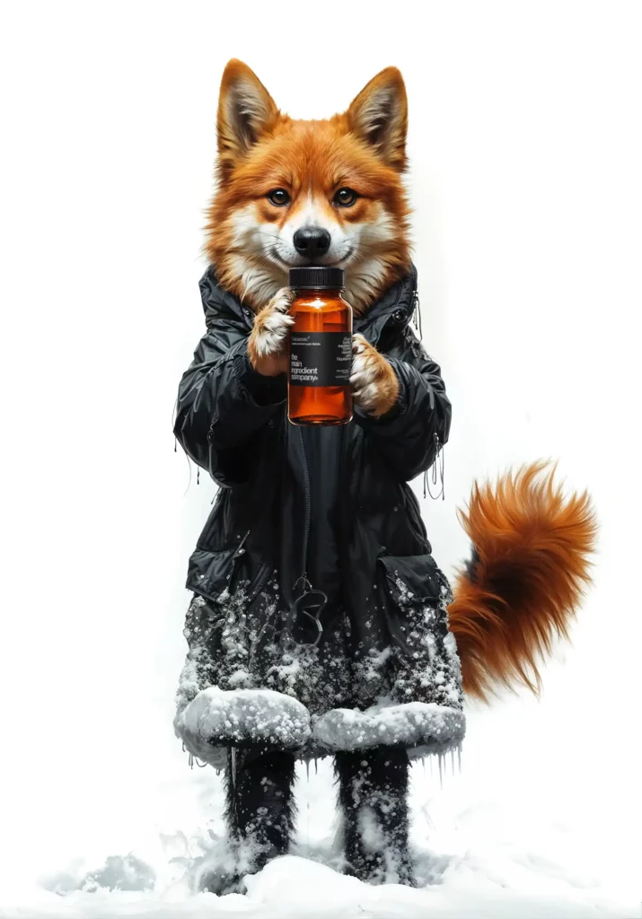 Un Shiba Inu en tenue hivernale tient une bouteille de curcumine de the main ingredient company. L’image illustre la prudence avec laquelle il faut administrer des compléments de curcuma aux chiens en raison des effets secondaires potentiels.