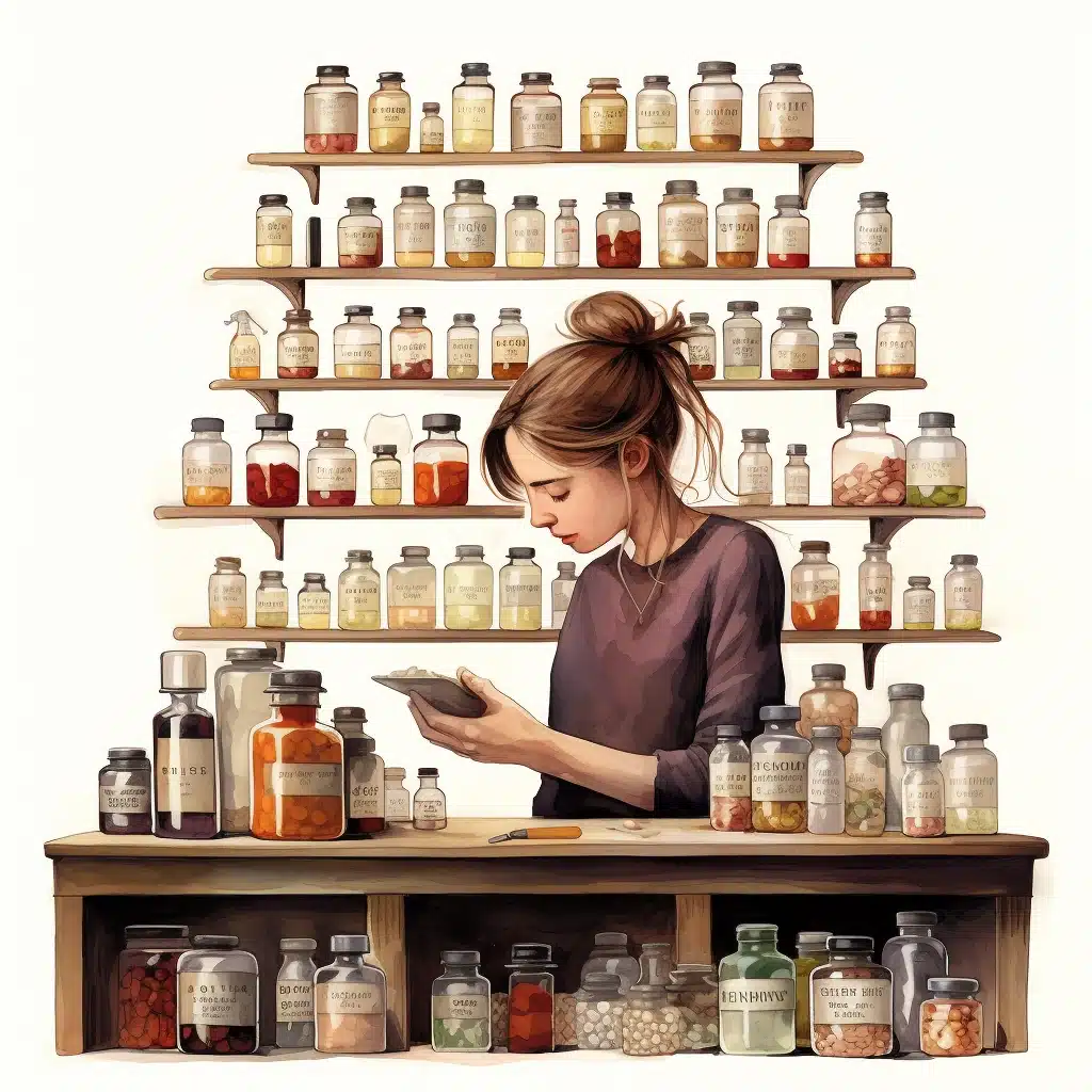 Femme concentrée consultant son smartphone tout en explorant une collection de compléments alimentaires.