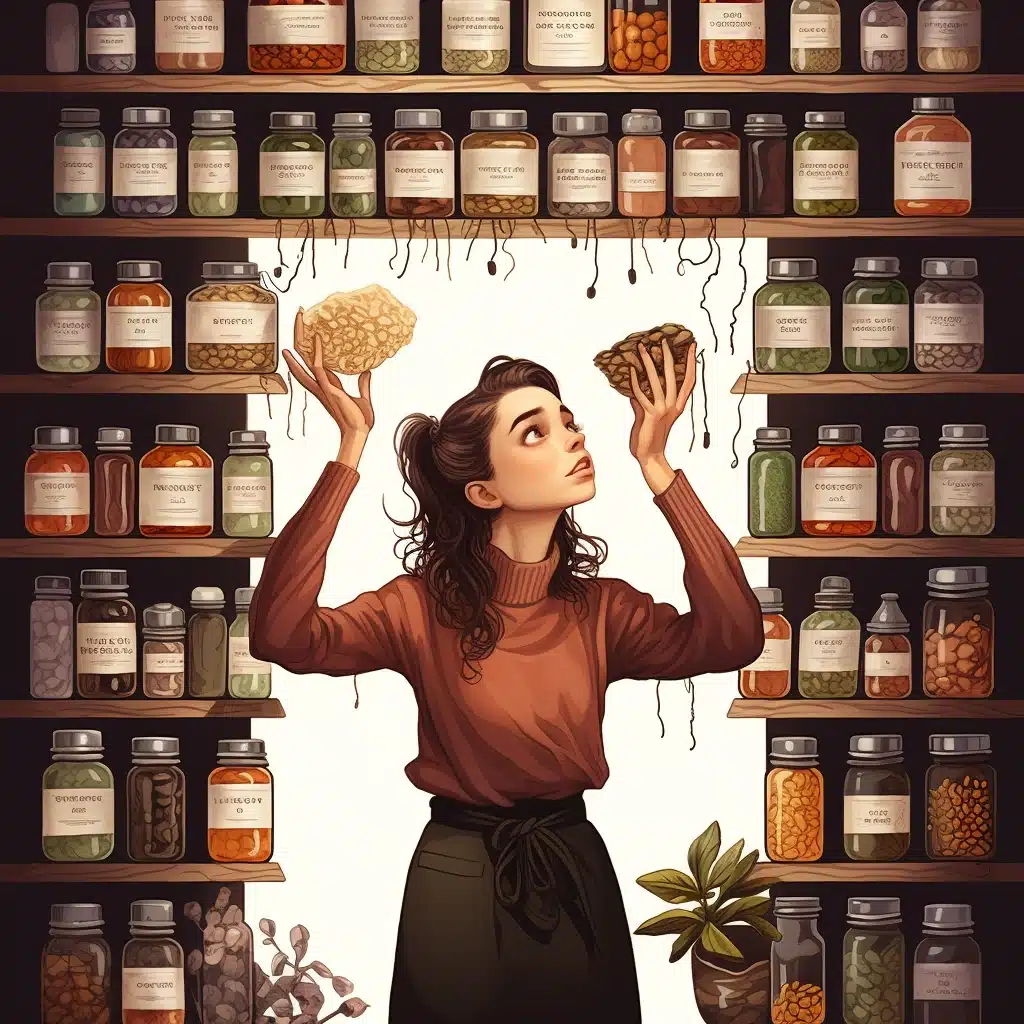 Femme évaluant deux échantillons de graines naturelles devant une étagère de compléments alimentaires.