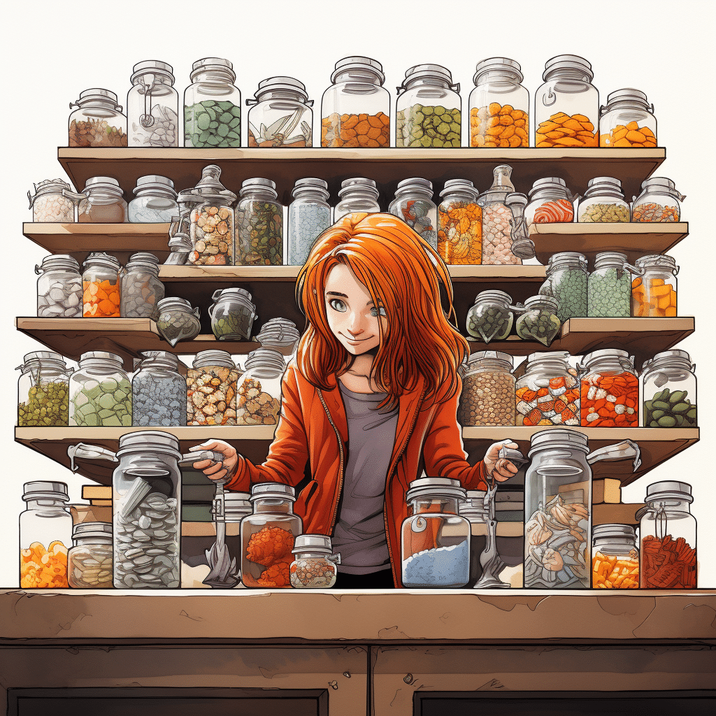 Jeune femme souriante choisissant parmi une variété de compléments alimentaires colorés dans des bocaux en verre sur des étagères.