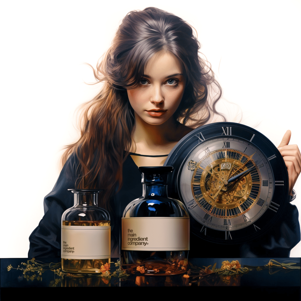 Femme tenant une horloge, symbolisant le temps et la péremption, à côté de flacons de The Main Ingredient Company.
