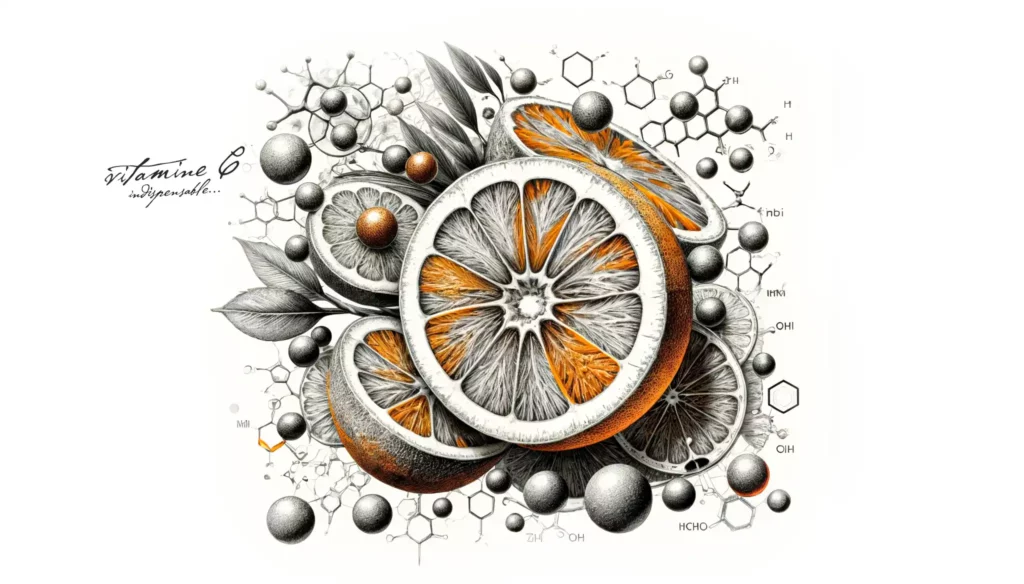 Illustration scientifique de la molécule de vitamine C avec des oranges et citrons en arrière-plan, soulignant son importance comme complément alimentaire 