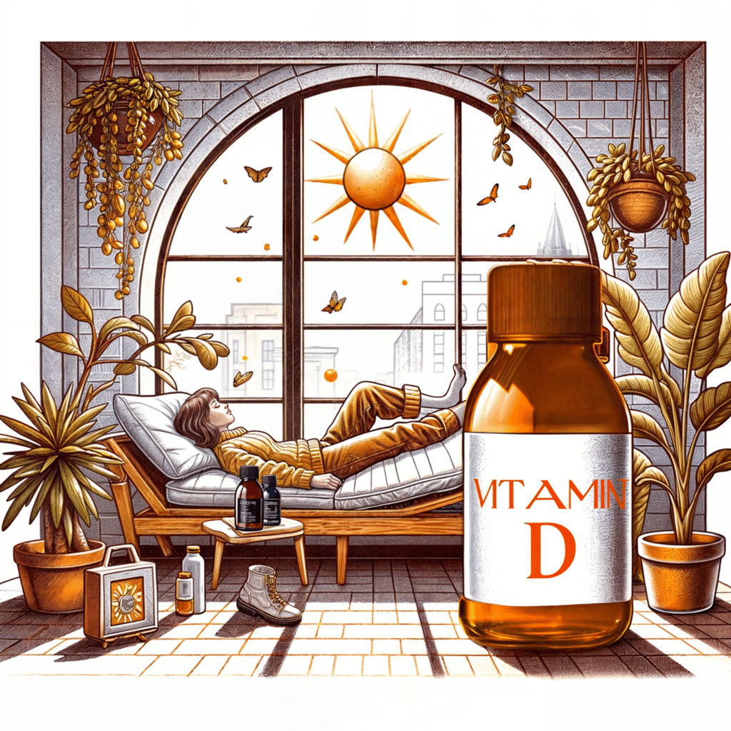 Bouteille de Vitamine D à côté d'une femme se détendant au soleil à l'intérieur, illustrant l'importance de la vitamine D pour la santé."