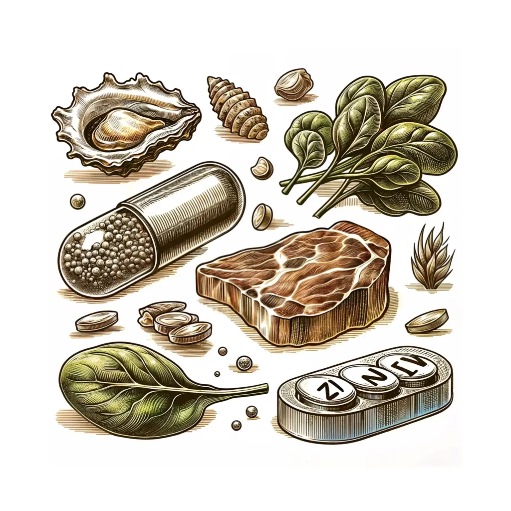 Illustration détaillée mettant en évidence le Zinc et des aliments riches en nutriments comme sources de compléments alimentaires essentiels.