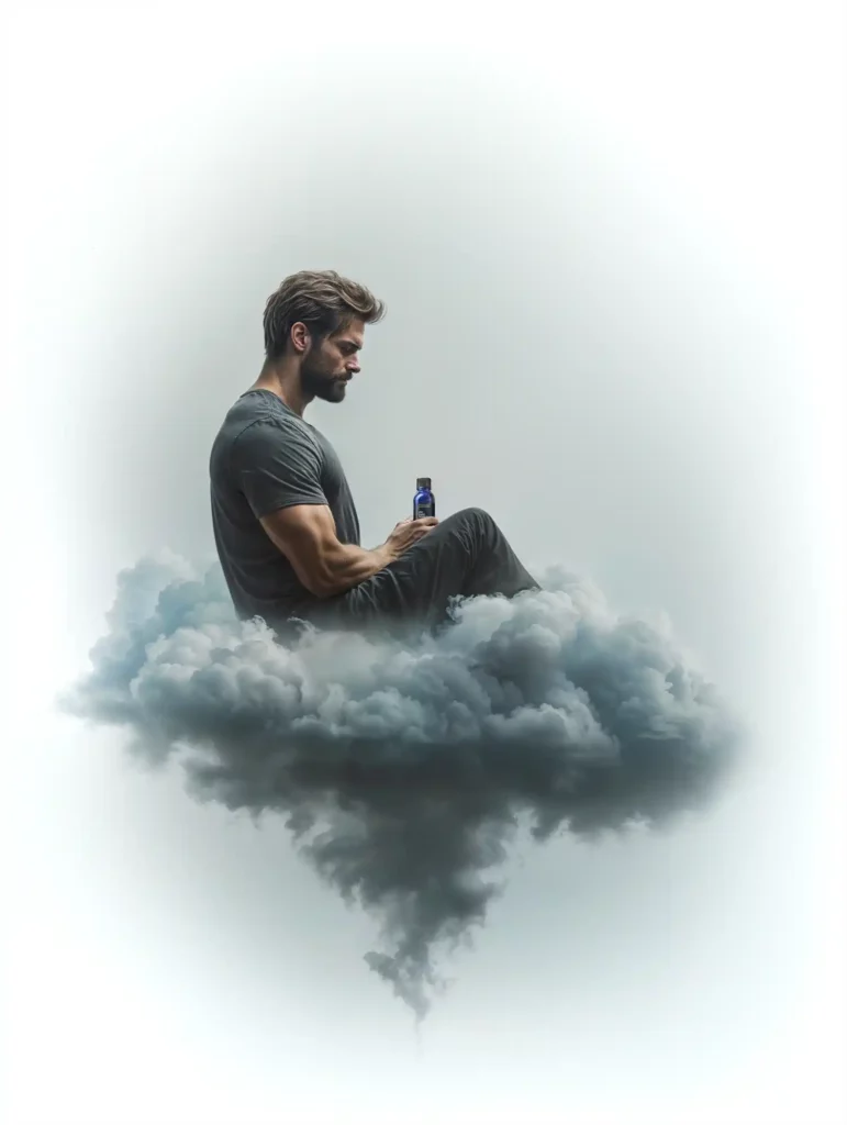 Homme assis sur un nuage tenant une bouteille de compléments alimentaires naturels, symbolisant le soutien pour la santé et le bien-être des hommes apporté par les formules omega de the main ingredient company