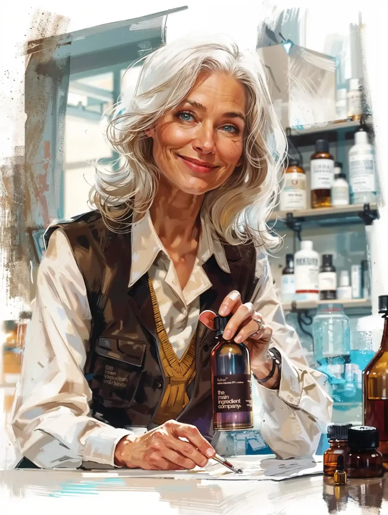 Une femme souriante aux cheveux argentés tenant un flacon de Safran ω X18 dans un laboratoire, représentant les fondements scientifiques des molécules naturelles Omega pour le traitement des troubles féminins.(ménopause, douleurs menstruelles, etc.)