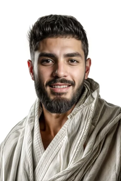 Portrait de Walide Khyar, judoka professionnel, en tenue traditionnelle de judo, montrant un jeune homme beau et souriant avec une barbe bien taillée, regardant directement la caméra.