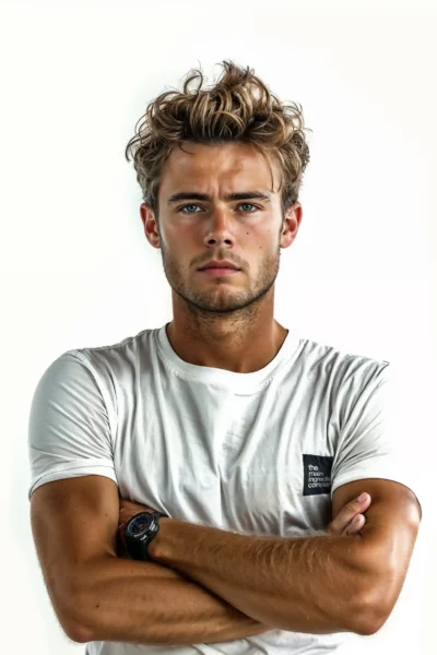 Enzo Couacaud, joueur de tennis professionnel, en T-shirt de the main ingredient company, photographié de face avec un regard déterminé. Enzo utilise Curcumine et Phycocyanine ω