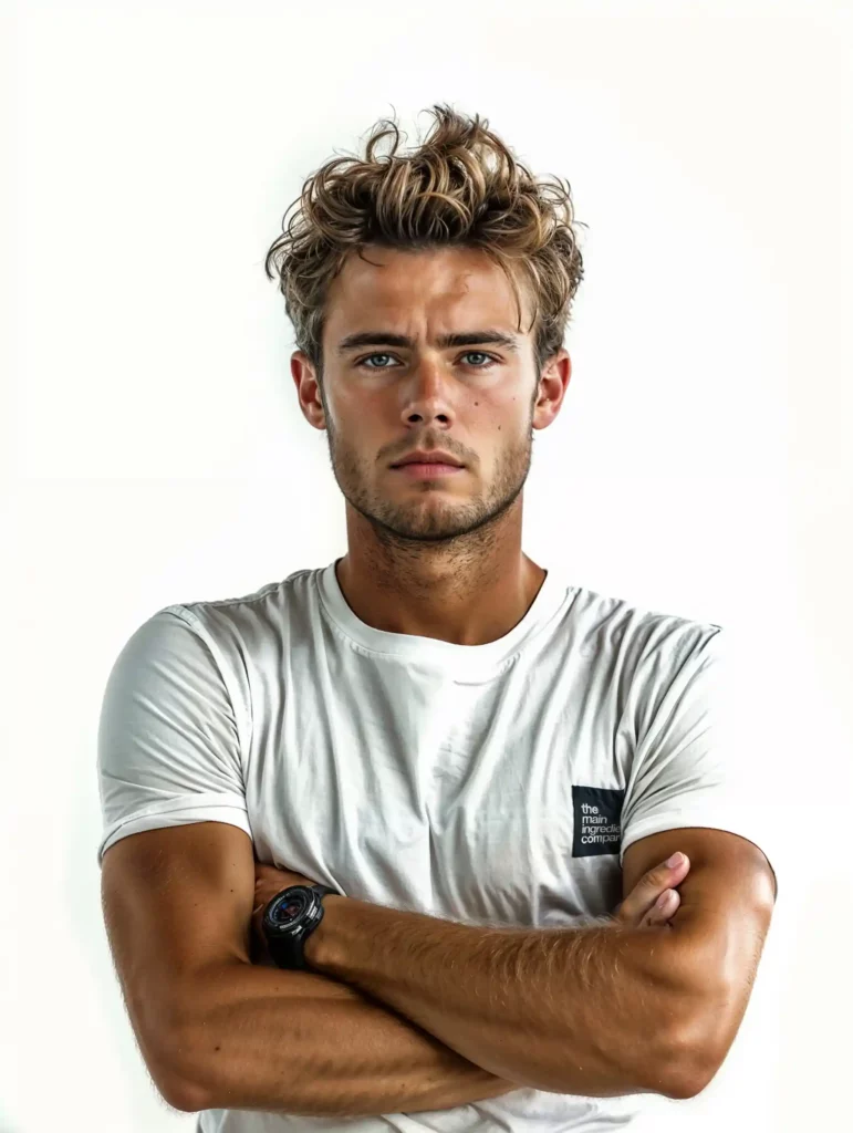 Enzo Couacaud, joueur de tennis professionnel, en T-shirt de the main ingredient company, photographié de face avec un regard déterminé. Enzo utilise Curcumine et Phycocyanine ω