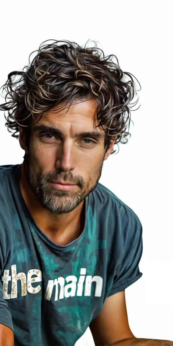 Portrait de Laurent Rochette, tennisman professionnel, portant un t-shirt 'the main' avec un regard intense, capturé en studio sur fond blanc.