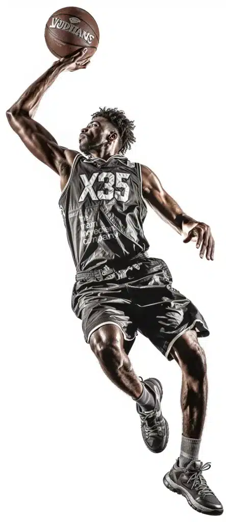 Un basketteur réalisant un saut spectaculaire, portant un maillot avec l'inscription X35, illustrant l'utilisation des compléments alimentaires non-dopants de the main ingredient company pour optimiser la performance sportive.