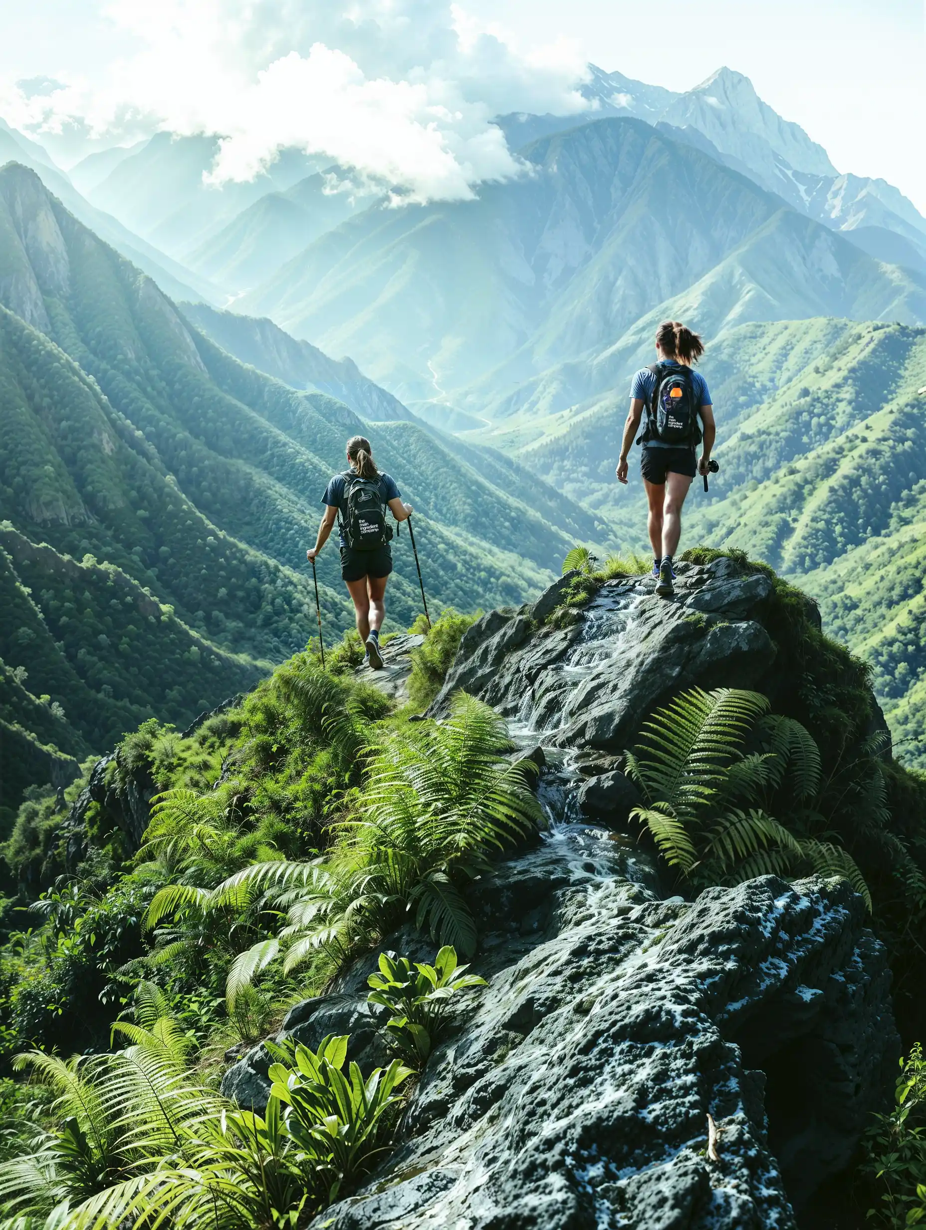 Deux athlètes en montagne portant des T-shirts The Main Ingredient Company, illustrant l’endurance naturelle.