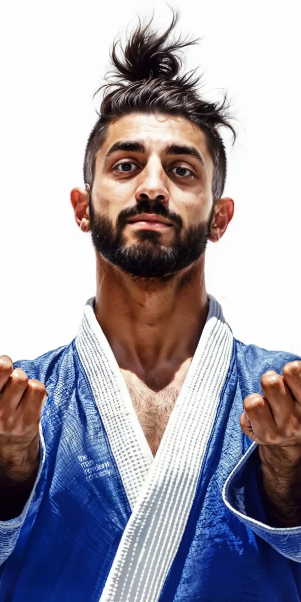 Walide Khyar, judoka aux Jeux Olympiques de Paris 2024, portant un kimono bleu avec le logo de the main ingredient company, exprimant force et détermination.