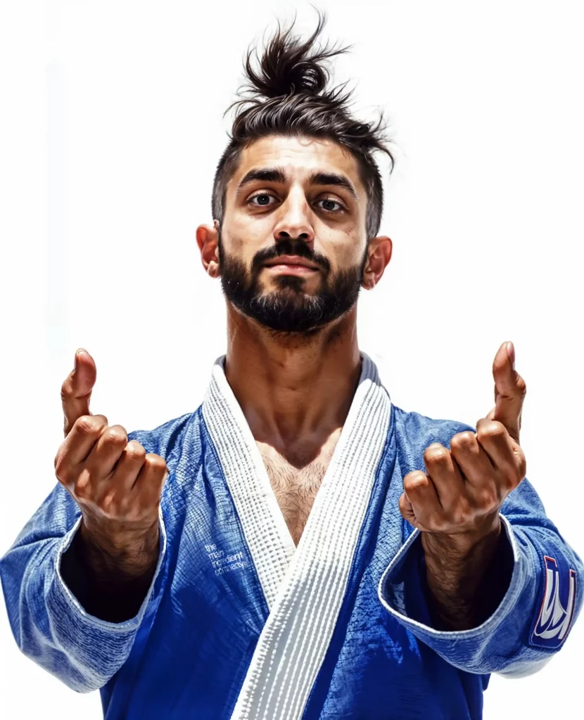 Walide Khyar, judoka aux Jeux Olympiques de Paris 2024, portant un kimono bleu avec le logo de the main ingredient company, exprimant force et détermination.