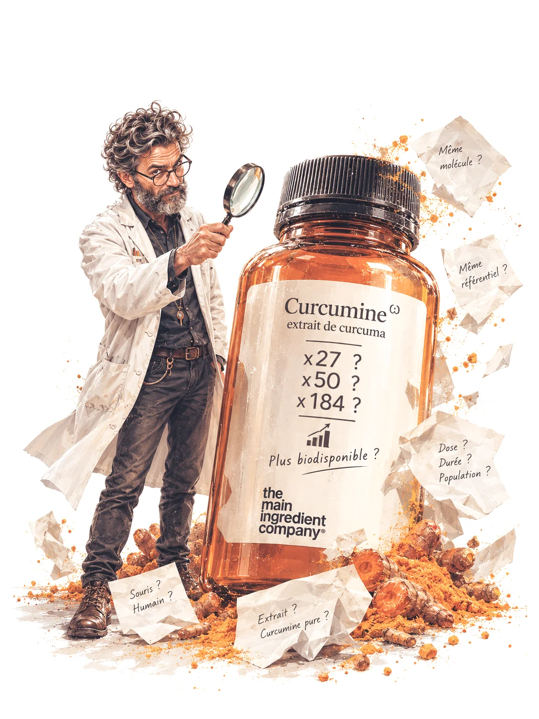 Professeur Debunk examine les multiplicateurs de biodisponibilité x27, x50 et x184 affichés sur un flacon de curcumine.