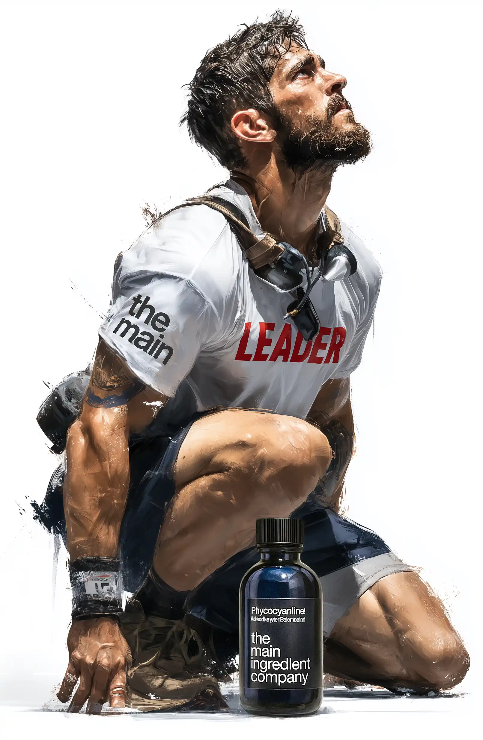 Athlète 'Leader' musclé (CrossFit, Hyrox, Musculation) agenouillé, concentré, avec flacon de Phycocyanine ω The Main Ingredient Company (TMIC) pour performance, force et récupération.