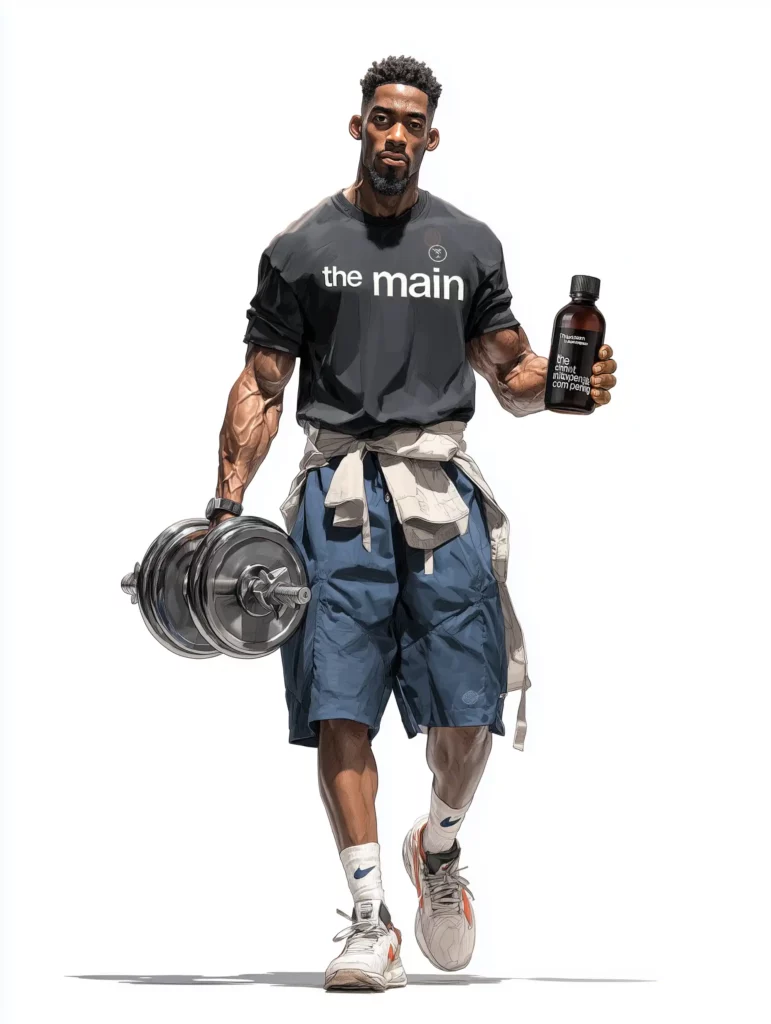 Athlète musclé type CrossFit/musculation marchant, tenant un haltère et un flacon de complément alimentaire The Main Ingredient Company (TMIC), illustrant les bénéfices terrain sur la force et la récupération.