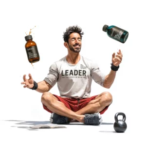 Athlète 'Leader' (CrossFit/Musculation) médite, jonglant/équilibrant un flacon de Safran ω TMIC, illustrant le focus mental et la gestion du stress pour la performance sportive.