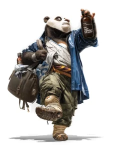 Illustration style Digital Painting : Po (Kung Fu Panda) en tenue de randonneur présentant fièrement Safran ω TMIC pour l'équilibre émotionnel et le sommeil du sportif.