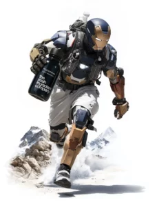 Illustration Digital Painting : Athlète en armure high-tech type Iron Man courant en montagne, tenant Phycocyanine ω TMIC, symbolisant l'énergie, l'endurance et la récupération avancée.
