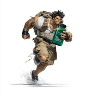 Illustration Digital Art d'un coureur d'endurance très musclé, style aventurier, courant avec puissance et tenant une grande bouteille de Spiruline ω verte. Symbolise la force, la vitalité et l'énergie de base apportées par la spiruline pour les sportifs.