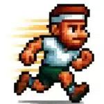Sportif en pixel art courant rapidement, image pour compléments alimentaires naturels soutenant l'endurance et la vitesse.