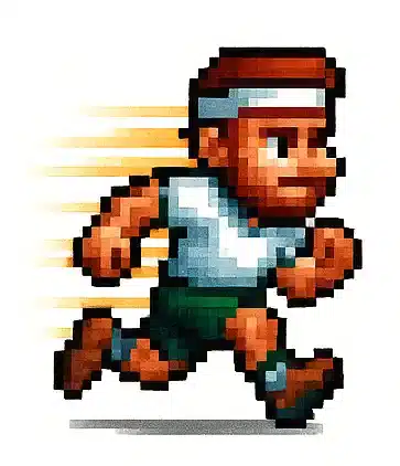 Sportif en pixel art courant rapidement, image pour compléments alimentaires naturels soutenant l'endurance et la vitesse.