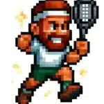Joueur de tennis ou padel en pixel art, illustrant l'agilité et les réflexes améliorés par des compléments alimentaires naturels pour sportifs.