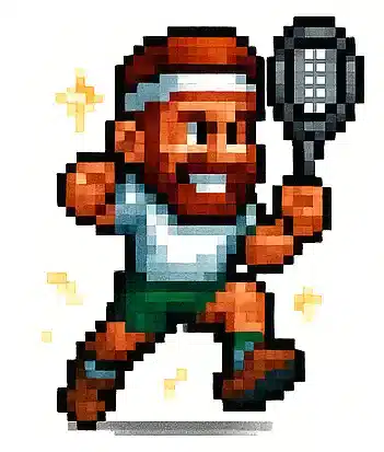 Joueur de tennis ou padel en pixel art, illustrant l'agilité et les réflexes améliorés par des compléments alimentaires naturels pour sportifs.
