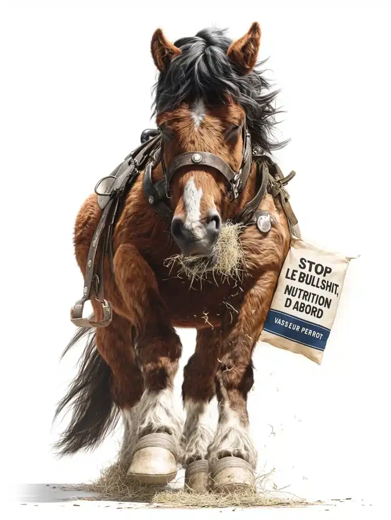 Cheval de trait se nourrissant de bon foin, soulignant l'importance d'une nutrition équine fondamentale pour la santé et la gestion du PPID (Cushing).