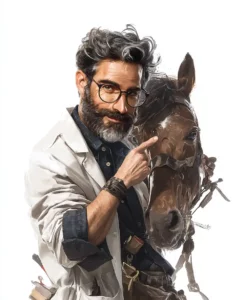 Professeur Debunk examinant un cheval, illustrant l'analyse scientifique du PPID équin et le potentiel de la phycocyanine TMIC.